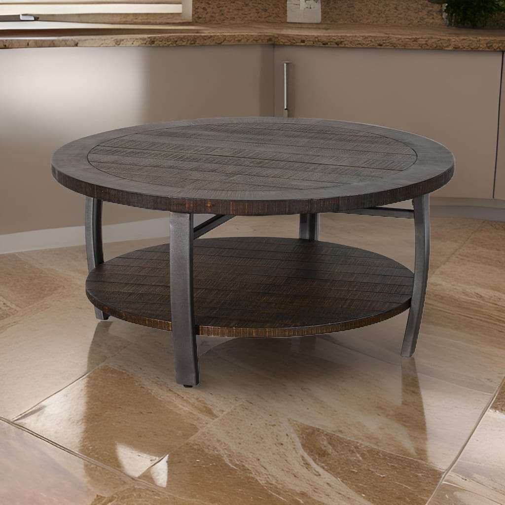 Flint Coffee Table w Shelf, Barrel Shape, 38 Inch Dark Brown Round Top