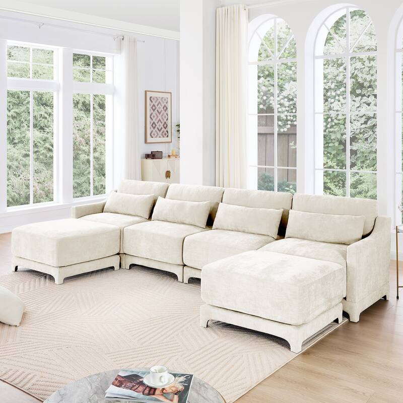 Chenille Upholstered Sofa with Lumbar Pillows - Beige(4 Seat+2 Ottoman)