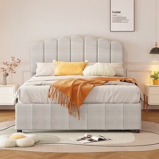 Upholstered Bed with 4 Storage Drawers,Wood Slat Support