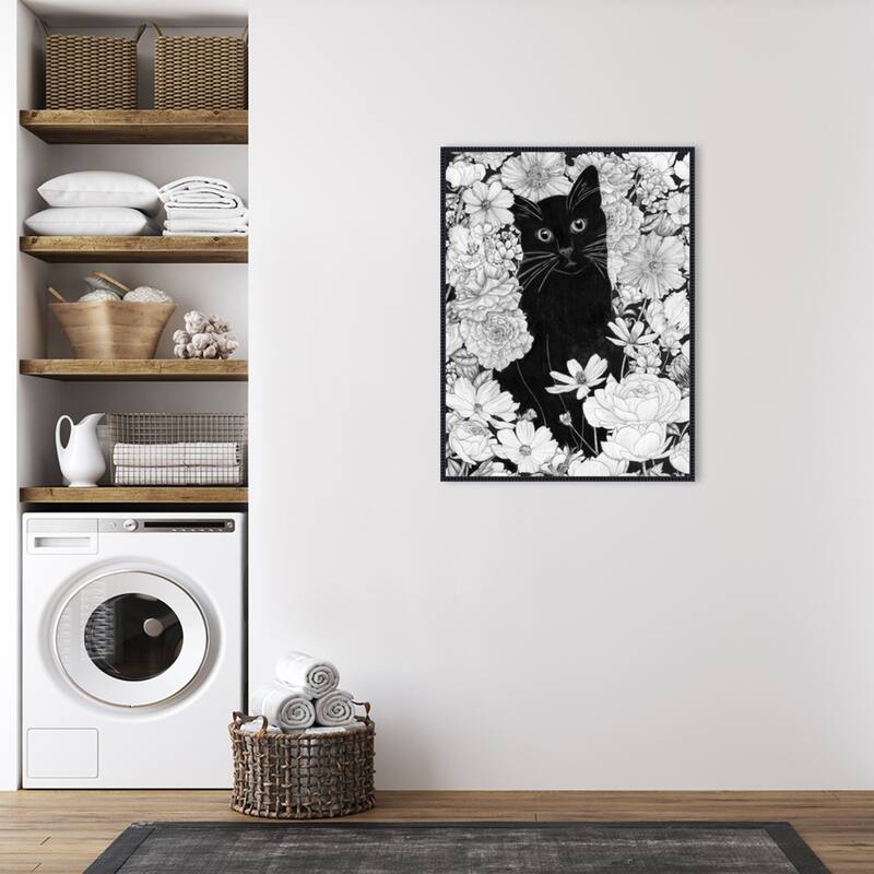 Little Black Garden Cat by Ec Mazur Framed Canvas Wall Art