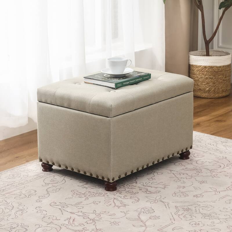 Adeco Storage Ottoman Tufted Linen Wood Bench with Nails