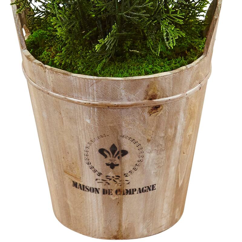 Artificial Plant in Barrel Planter - 3ft Indoor Outdoor Faux Greenery Decor - Green