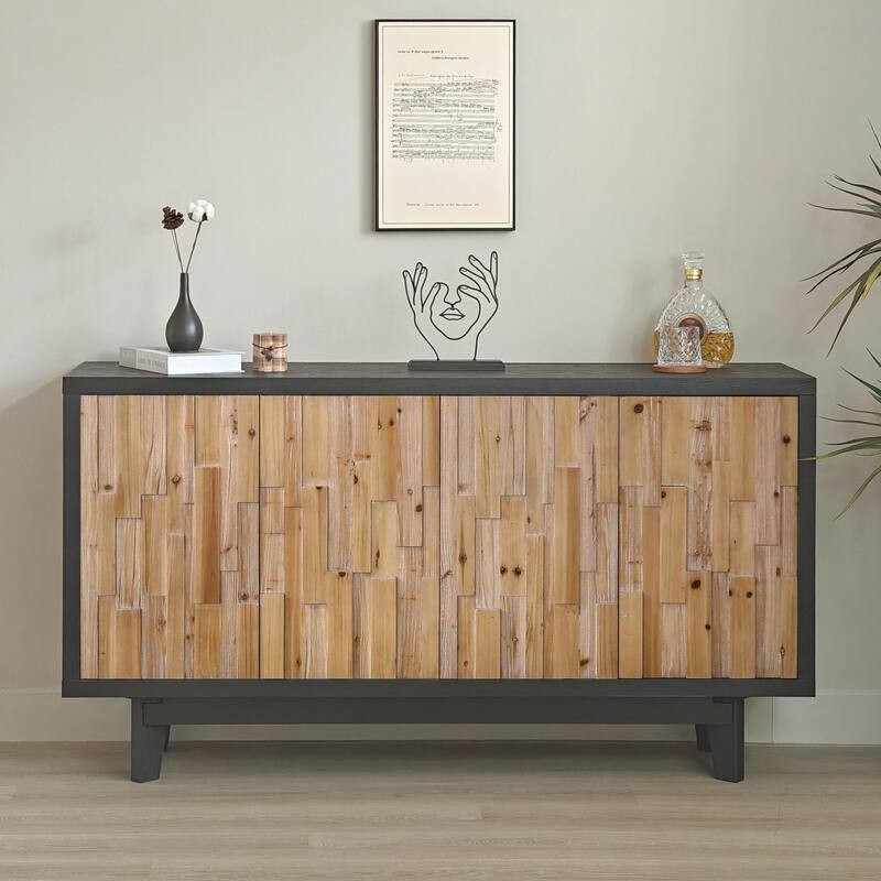 Wooden 4-Door Cabinet with Textured Geometric, Sideboard Storage Cabinet Accent Cabinet with Internal Shelving