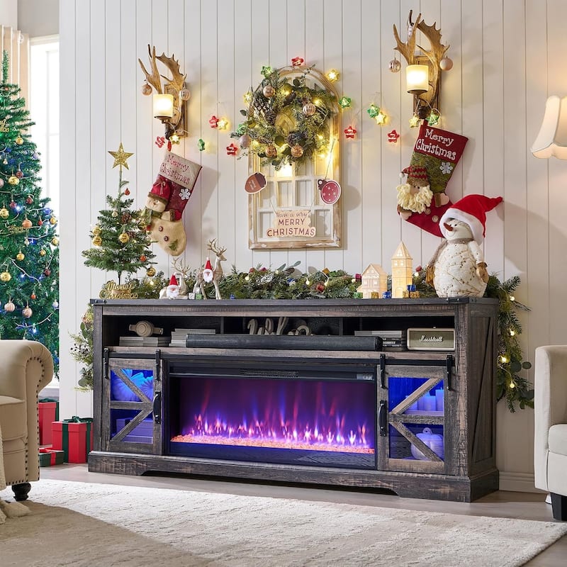 Farmhouse Fireplace TV Stand for 80" TV, Rustic Entertainment Center