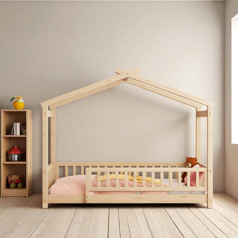 Twin/Full Size Wooden House Bed Frame with Fence and Roof, Playhouse Style for Kids and Teens
