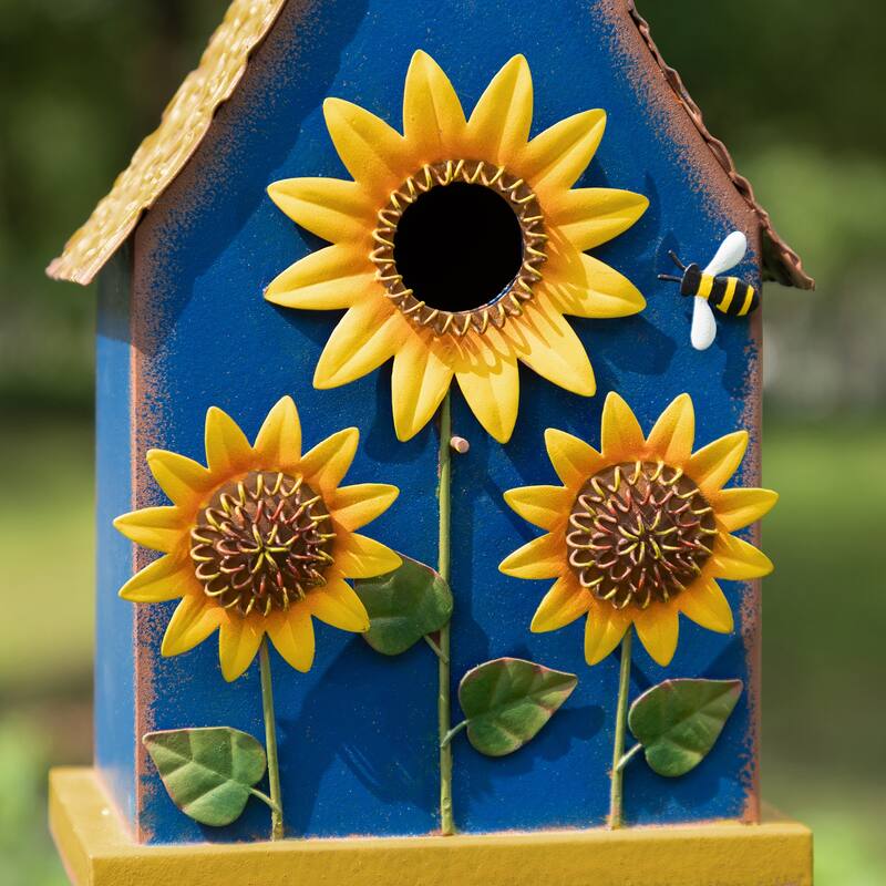 Glitzhome 52.5''H Blue Green Metal Sunflower Decorative Garden Birdhouse with Stake
