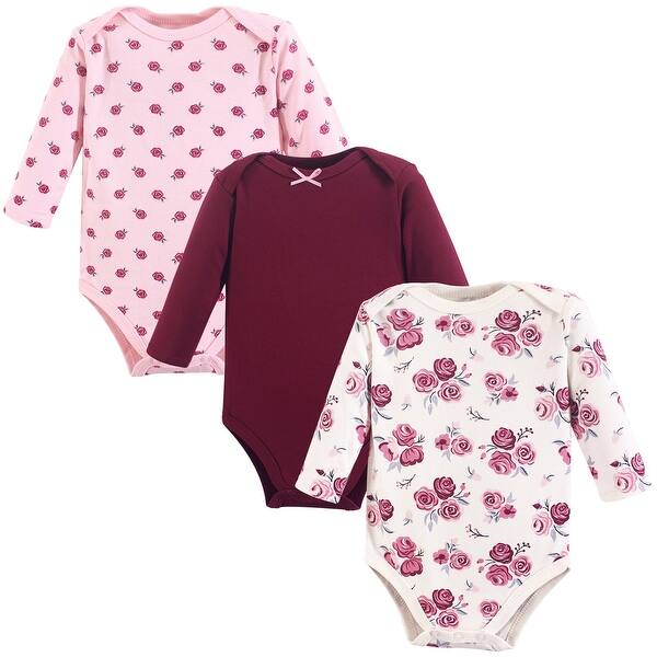 slide 1 of 1, Hudson Baby Infant Girl Cotton Long-Sleeve Bodysuits 3pk, Rose 0-3 Months - Rose 3-Pack