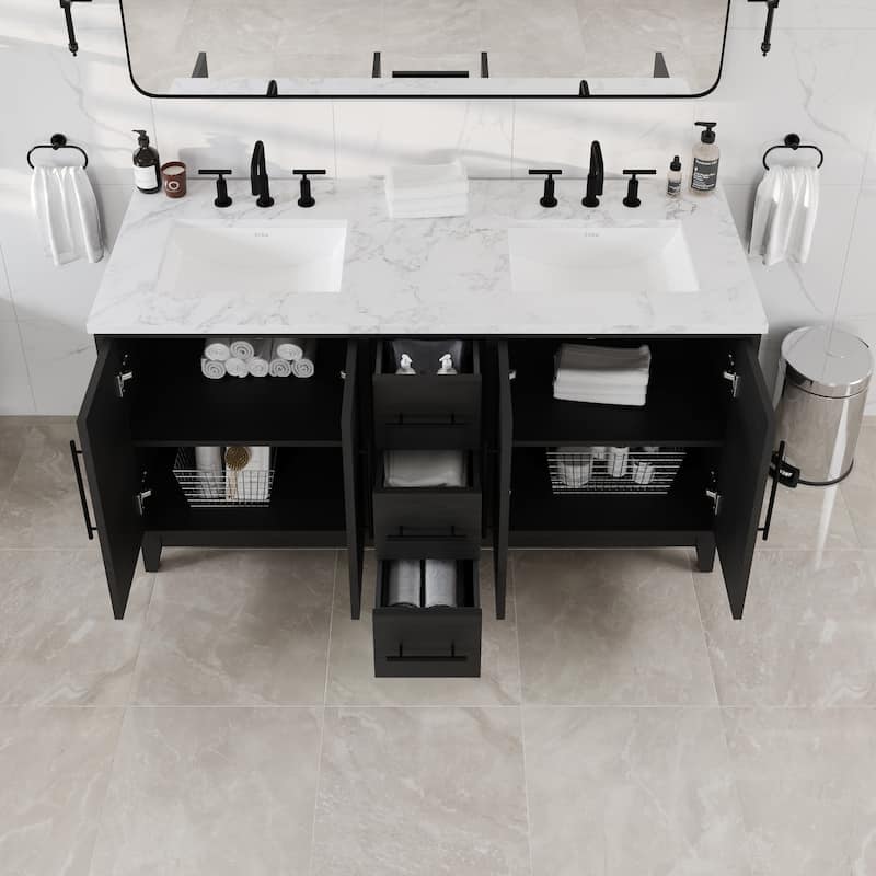 Graham 60"W Double Sink Bath Vanity with White Arabescato Engineered Stone Top