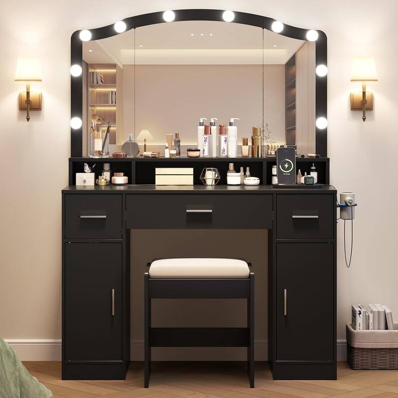3 Drawers Makeup Vanity Desk, Dressing Table with LED Lights and Stool