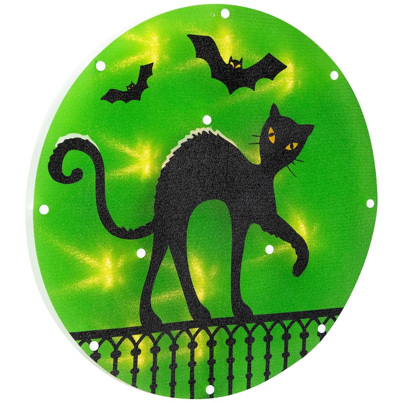 Lighted Black Cat with Bats Halloween Window Decoration - 13.75"