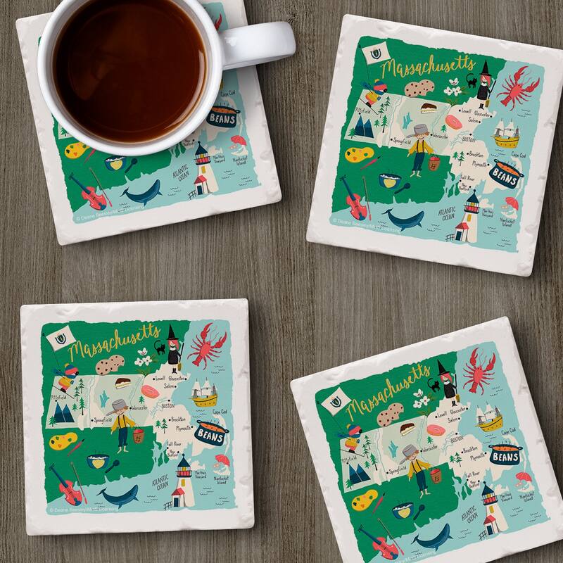 Massachusetts Home 4-Pack Absorbent Stone Coasters with Protective Cork Backing 4" Square Made in The USA Easily Wipes Clean