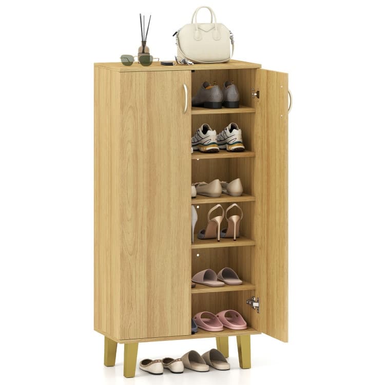 Oak MDF Wooden Shoe Cabinet with Double Doors, Shelves and Storage - 24" x 13" x 48"