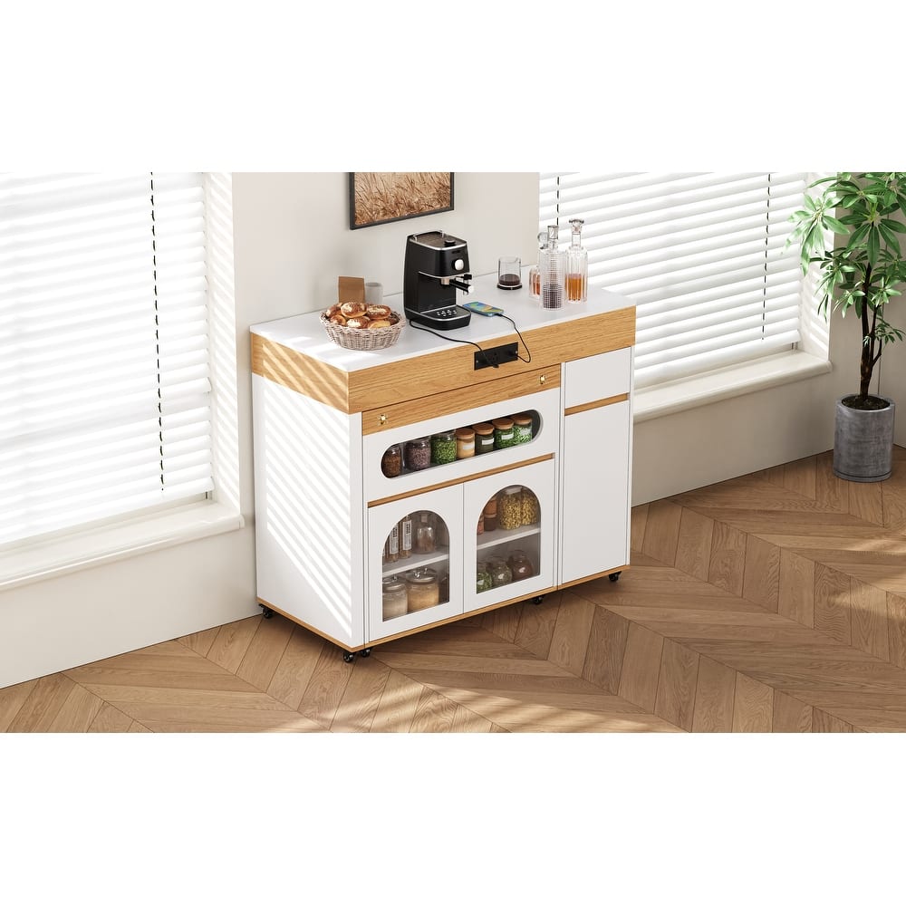 Rolling Kitchen Island with Extendable Table, Drawers, Power Outlet and Brake lock, Storage Cabinet
