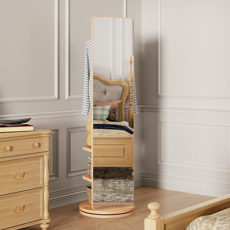 66" x 14" Solid Wood 360° Rotating Full-Length Floor Mirror with Built-in Coat Rack