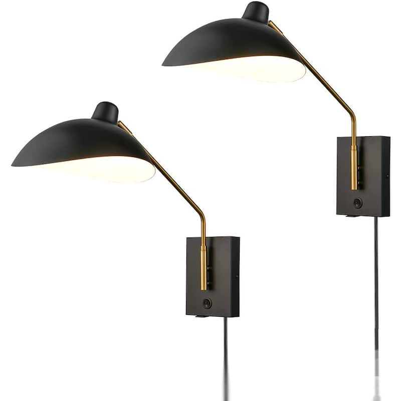 Giglio Swing Arm Bedroom Wall Sconces Modern Black Plug-in or Hardwired Sconce Lighting with USB Charge Port-Set of 2