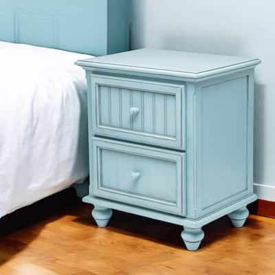 HomeRoots 28" Blue Solid Wood Distressed Two Drawer Nightstand With USB Port