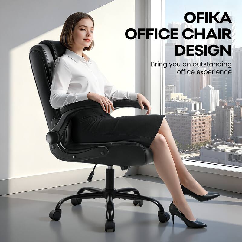 BOSSIN Office Chair, Ergonomic High-Back PU Leather Desk Chair with Adjustable Armrests & 360-Swivel for Petite Users, Black