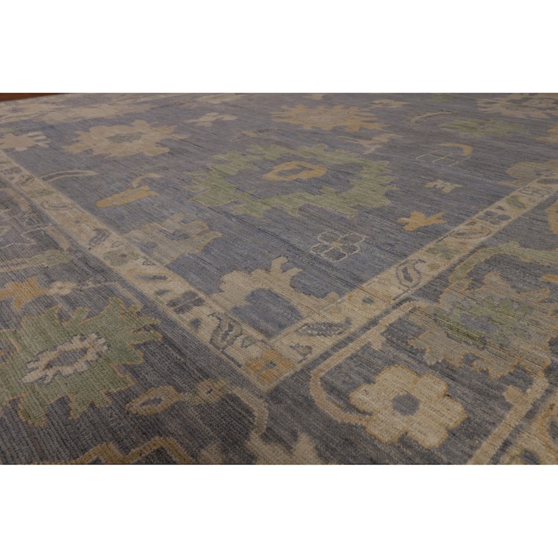 Blue Floral Oushak Turkish Large Rug Hand-Knotted Wool Carpet - 9'11"x 14'0"