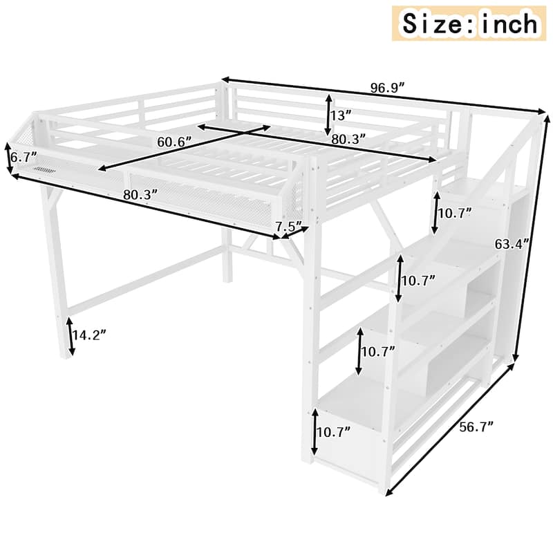 Queen/Full Metal Loft Bed with Storage Stairs, Wardrobe, USB Ports & LED Lights