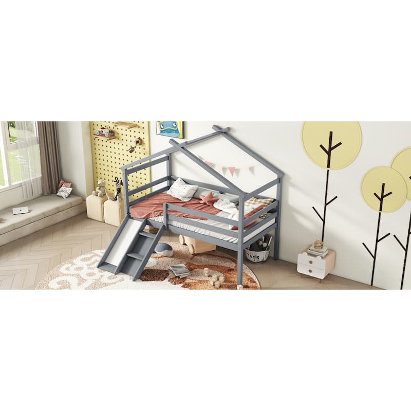 Roomfitters Twin Low Loft House Bed with Slide and Ladder, Safety Guardrails, House Roof Frame, No Box Spring Needed
