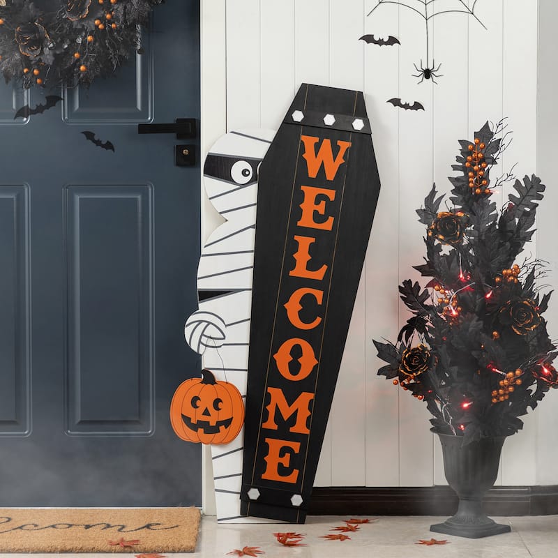 Glitzhome 38"H & 42"H Halloween Wood Mummy and Welcome Coffin Porch Decor, Two Function (S/2 or One Piece)