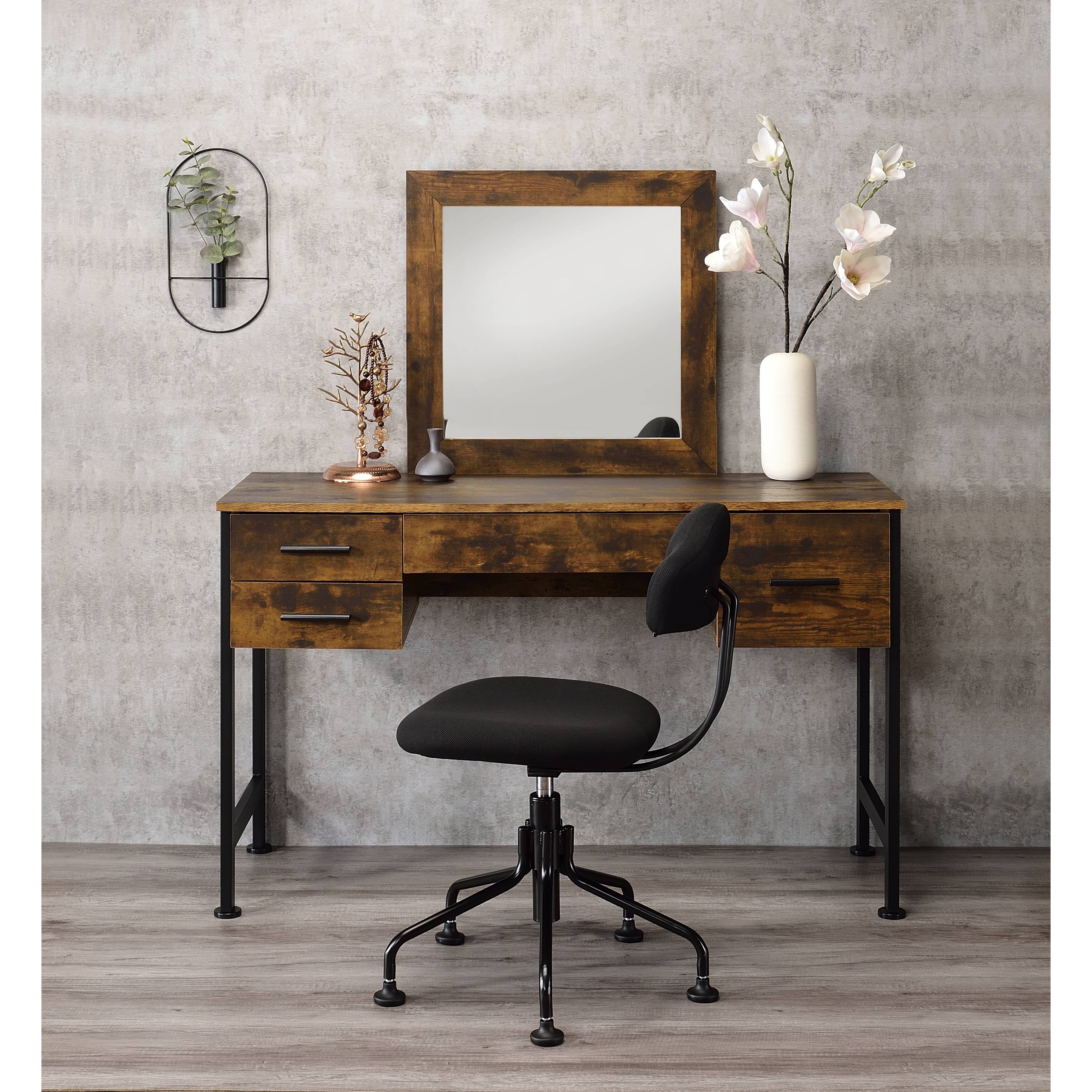 Modern Vanity Desk Set with 4 Drawers and 18 Inch Square Mirror Metal Frame, Oak & Black Finish