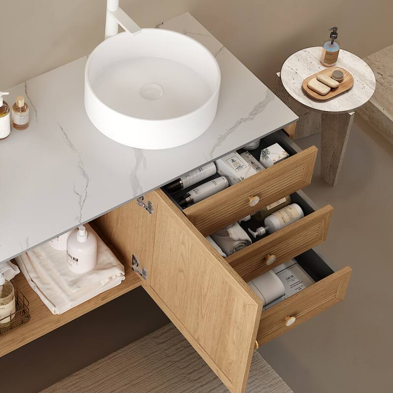 GDFStudio - Munin Freestanding Bathroom Vanity with Ceramic Sink, 4 Metal Legs, Oak Woodgrain Color, WITHOUT Faucet