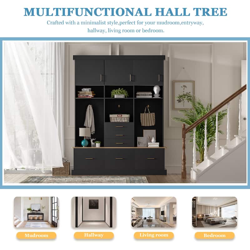 75" Entryway Hall Tree with Bench, Coat Rack, 6 Drawers, 3 Cabinets and Top Shelves, 5-in-1 Storage Organizer for Hallway