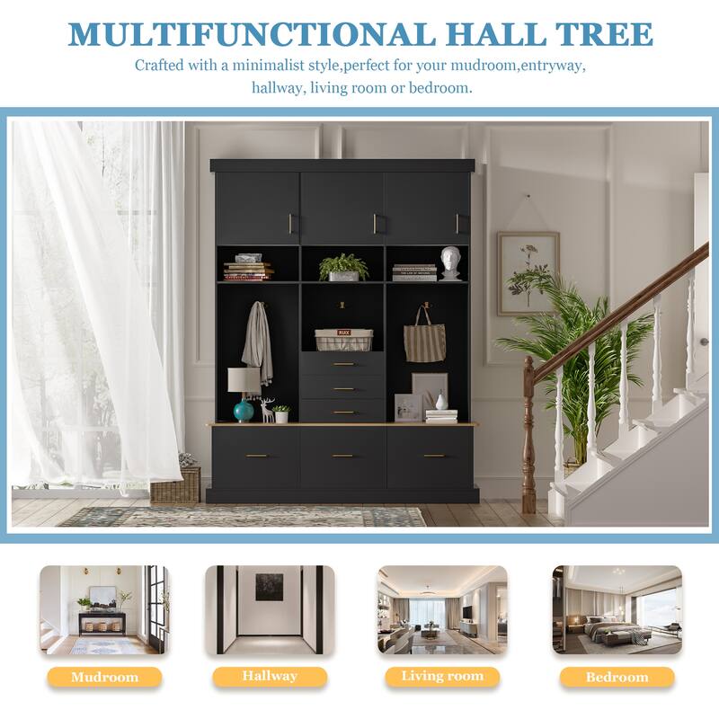 75" Hall Tree with Bench, 6 Drawers, 3 Cabinets & Coat Rack, 5-in-1 Entryway Storage