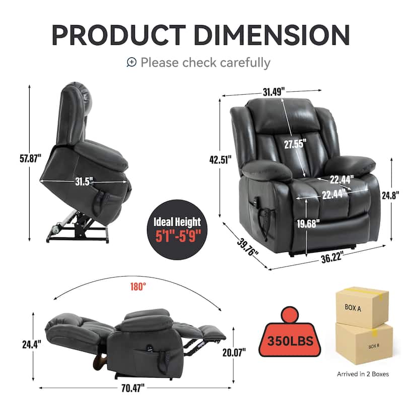 Roomfitters Dual Motor Power Lift Recliner, Infinite Position Massage Chair with 180-Degree Flat Recline, Leatheraire, Grey