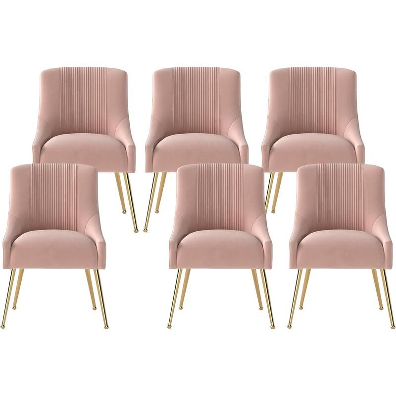 SEYNAR Modern Glam Boucle Pleated Velvet Dining Chair or Vanity Chair Set of 6 with Rear Handle - Pink