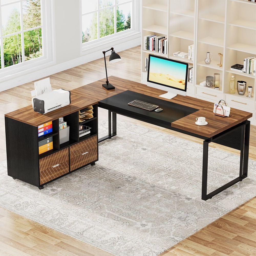 63" L-Shaped Computer Desk Executive Desks with Reversible File Cabinet and Storage Drawers for Home Office