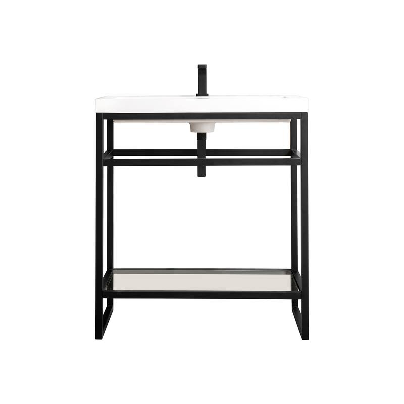 James Martin Vanities Boston 31.5" Stainless Steel Sink Console, Matte Black w/ White Glossy Composite Stone Top - No Storage Cabinet