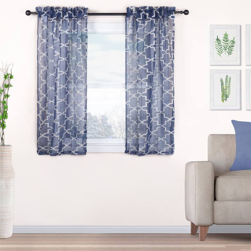 Superior Decorative Quatrefoil Embroidered Sheer Curtain Set with 2 Panels