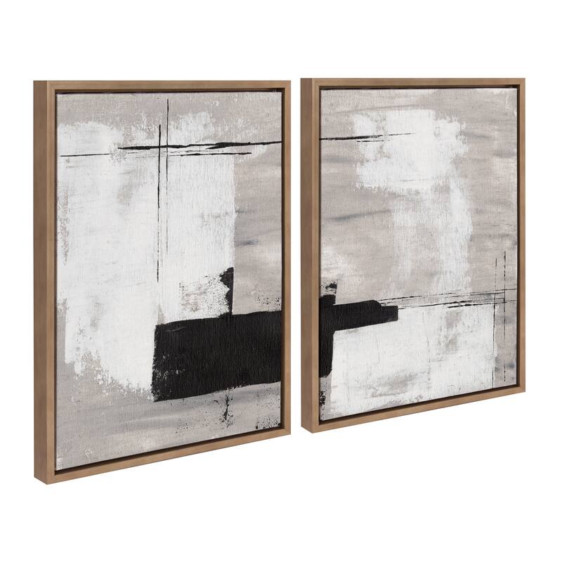 Kate and Laurel Sylvie Line Neutral Framed Canvas by Nikita Jariwala - 2 Piece Set 18x24 - Gold