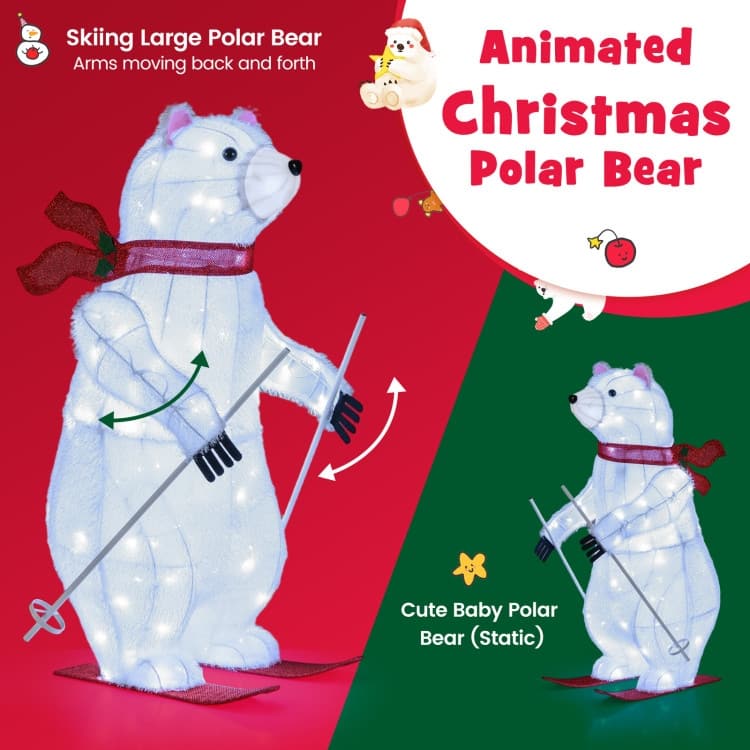 White-Red Metal Fabric Animated Skiing Polar Bears Christmas Decoration Set with 160 LEDs - 23" x 16.5" x 37"