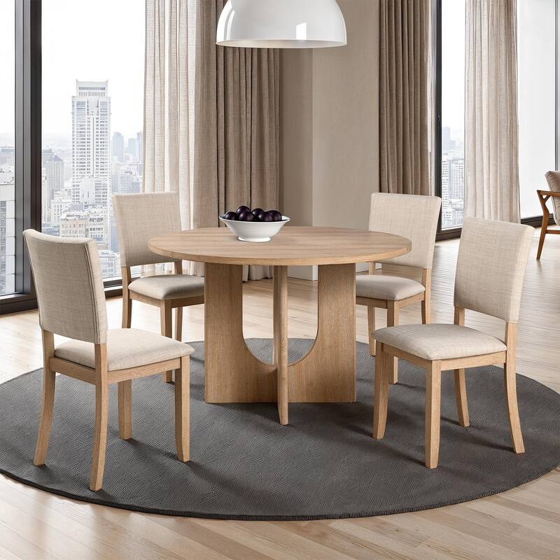 Classic 5pc Round Wooden Dining Set Upholstered Chairs and Table Natural Finish