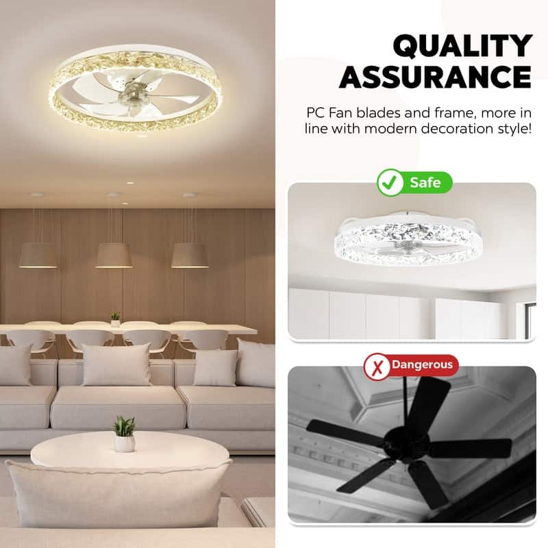 20 in. LED Indoor Black Crystal Flush Mount Ceiling Fan with Light Dimmable for Low Profile Kids Room