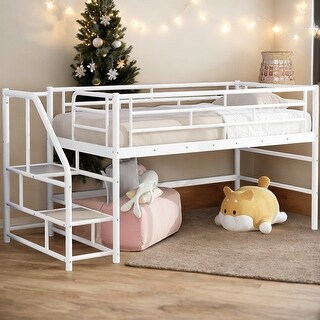 Contemporary Design Twin Mid Loft Bed with Storage stairs, Solid Construction & Versatility galore, Superior Quality, White