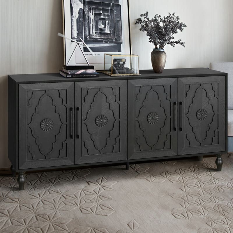 Carved Floral Door Large Storage Cabinet with Metal Handle for Living Room, Kitchen, Entryway