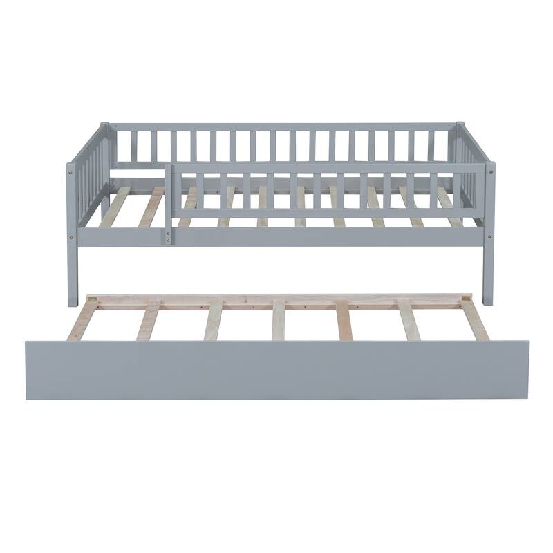 Twin Size Wood Daybed with Pull-Out Trundle and Safety Guardrails in Gray