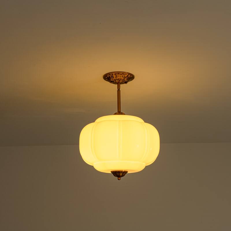 1-Light Retro Antique Brass Pumpkin Shaped Semi-Flush Mount Light/Pendant with Milk/Green Glass for Kitchen, Dining Room