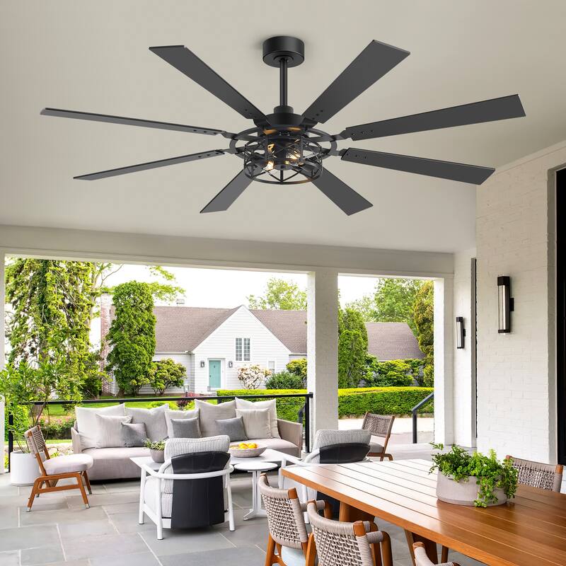 52"/65" Industrial Reversible Wood 5/8-Blade Cage Ceiling Fan with Light Kit and Remote
