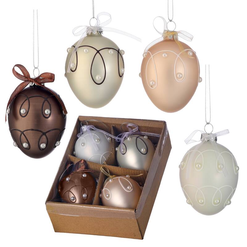 3"Glass With Pearl Chocolate Egg Ornament Box of 4