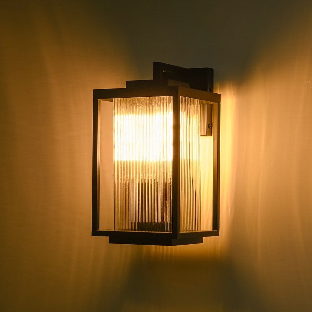 Outdoor Square Lantern Ribbed Clear Glass Wall Sconce with Auto Light Sensor