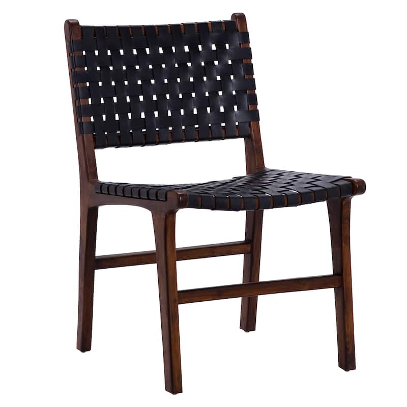 Maverick Top Grain Woven Leather with Teak Frame Dining Side Chair - Black Leather with Dark Brown Frame