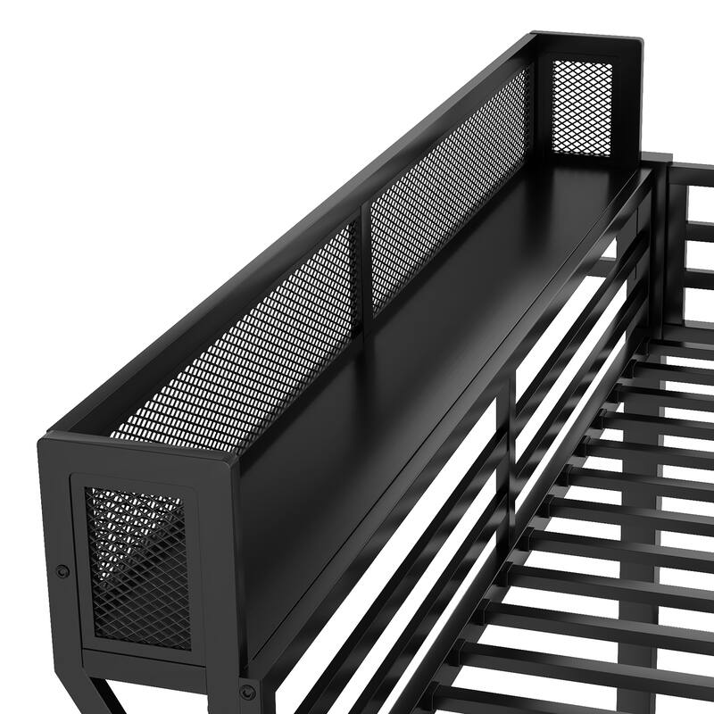 Queen Over Queen Size Metal Bunk Bed Frame with Ladder and Bedside Storage Rack Shelf for Adults Teens, Black Platform Bed Frame