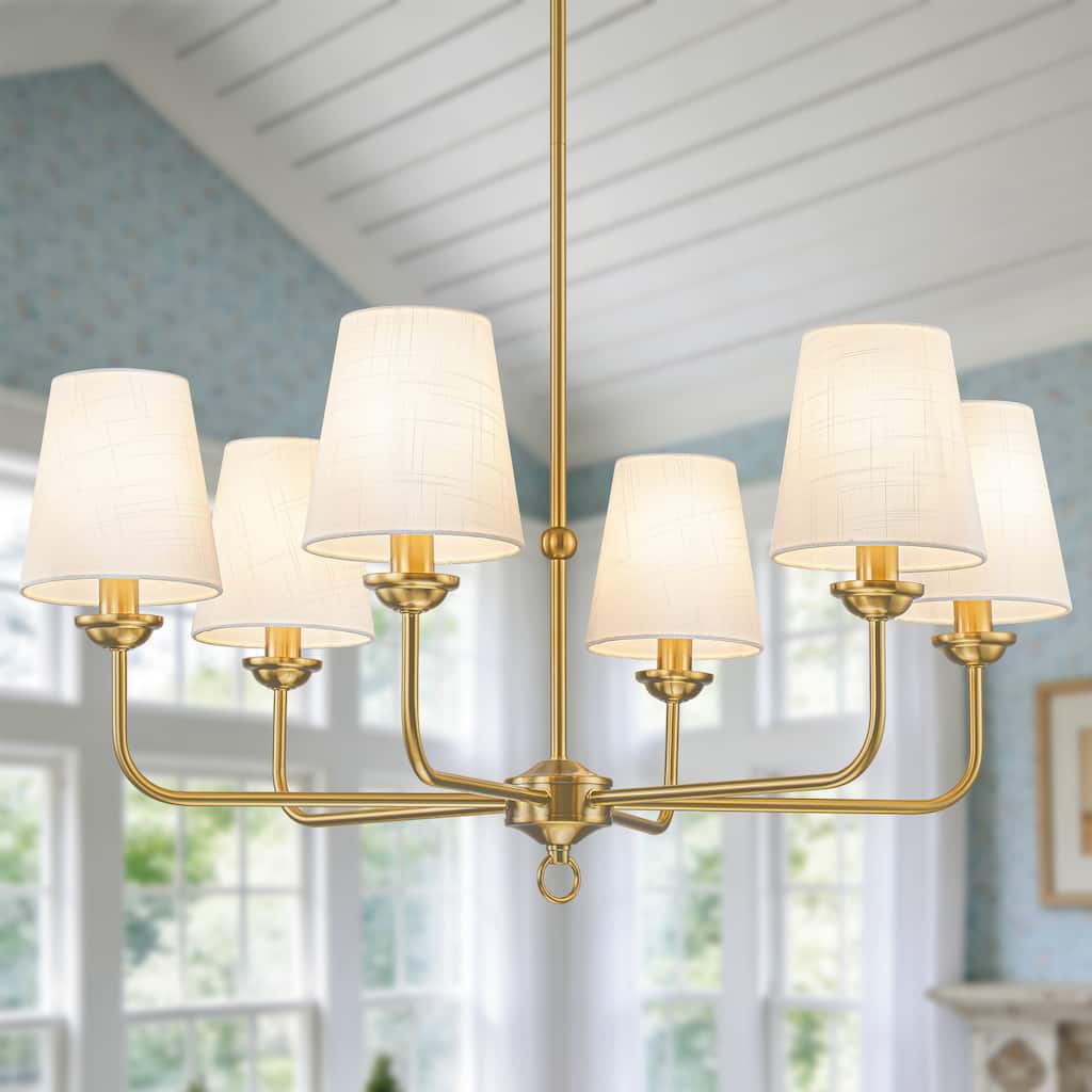 Starsky 6-Light Classic Transitional Chandelier With White Fabric Shades for Dining Room, Living Room, Entryway