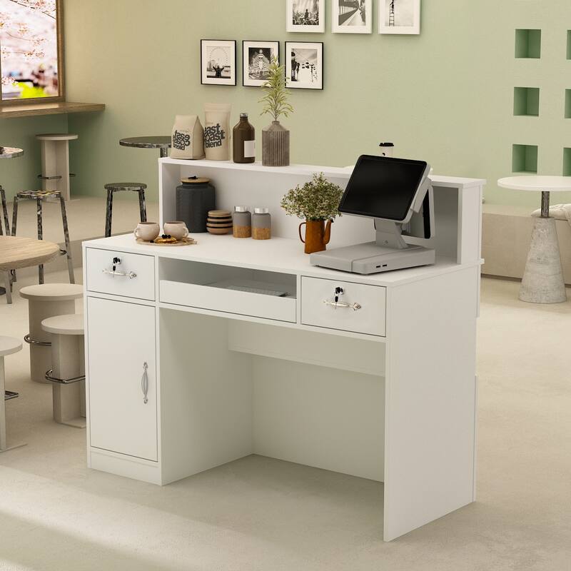 Timechee Reception Desk Executive Desk with Decor Light, White
