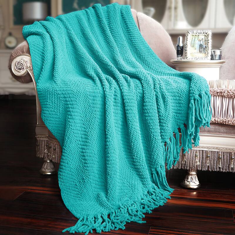 Knitted Tweed Couch Throw - Baltic Blue - 50" x 60"